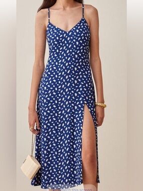 Reformation Crimini Moray Navy/Royal Blue White Polka Dot Slip Dress